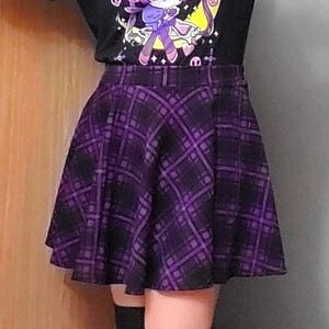 🖤💜 Urban Coco Black Purple Plaid Pleated Skater Skirt 💜🖤 Women's L